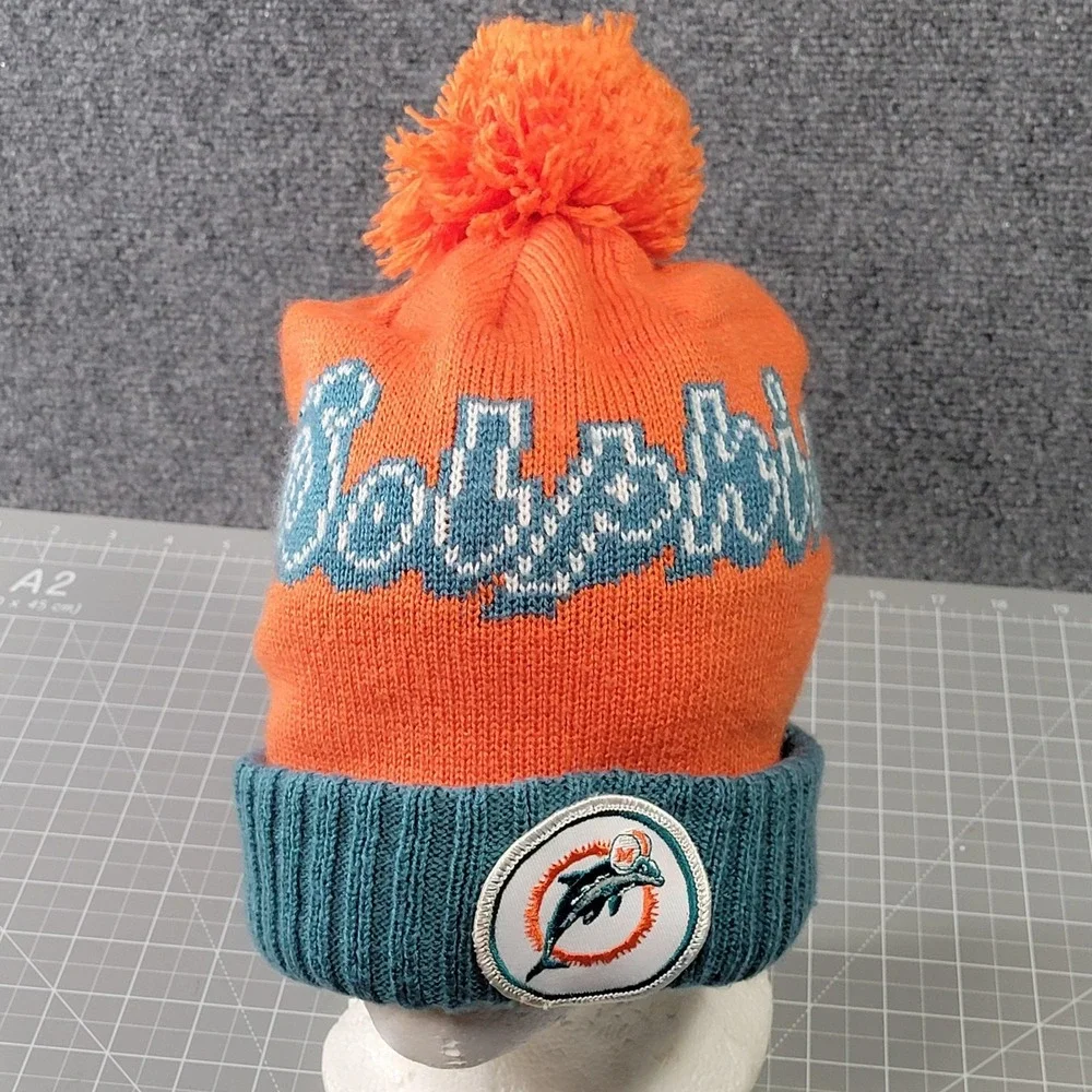 Miami‎ Dolphins Hat Beanie Mens Orange Teal NFL Football Pom Cuffed Knit Script